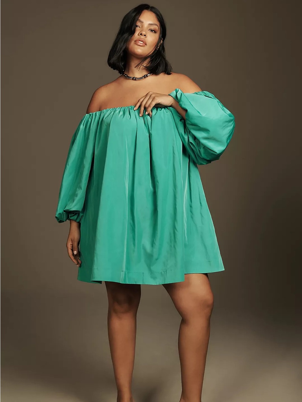 Anthropologie Mare Mare Puff-Sleeve Off-The-Shoulder Mini Dress Green 3X Pockets